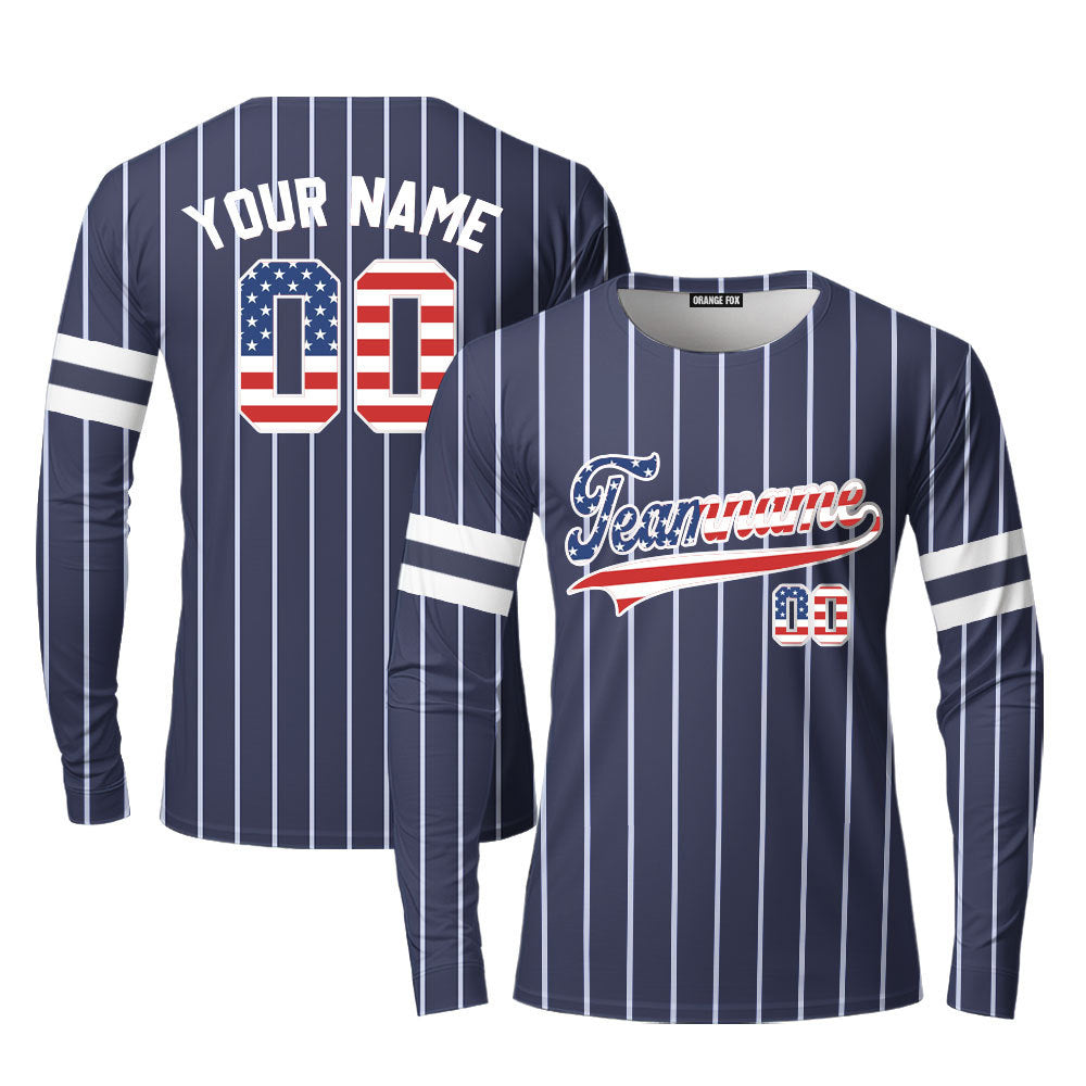 Custom Navy White Pinstripe American Flag White Custom Long Sleeve T-Shirt For Men & Women