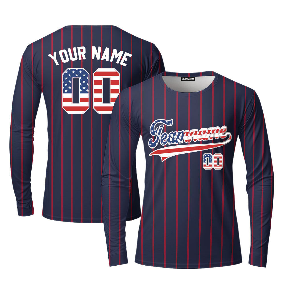 Custom Navy Red Pinstripe American Flag White Custom Long Sleeve T-Shirt For Men & Women