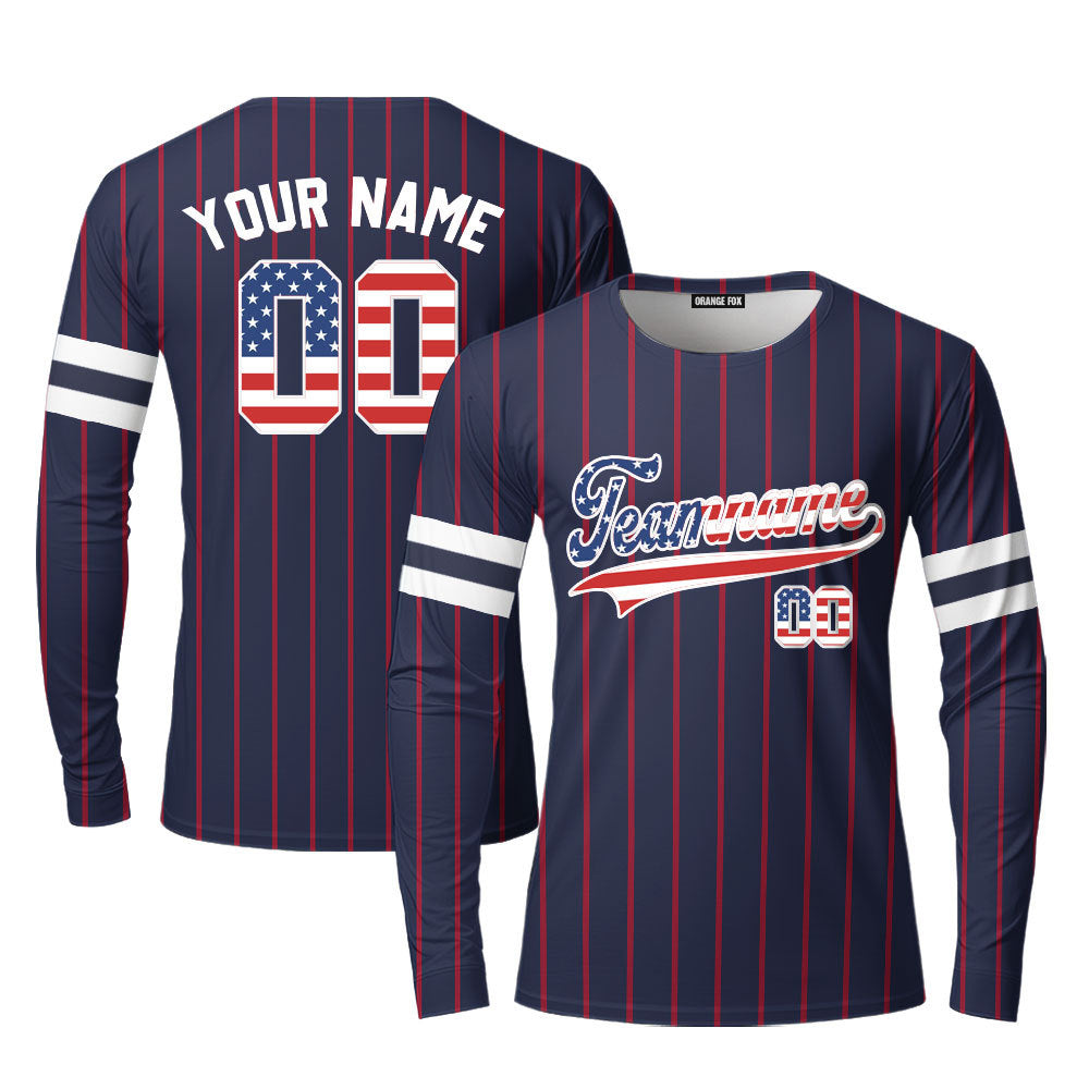 Custom Navy Red Pinstripe American Flag White Custom Long Sleeve T-Shirt For Men & Women