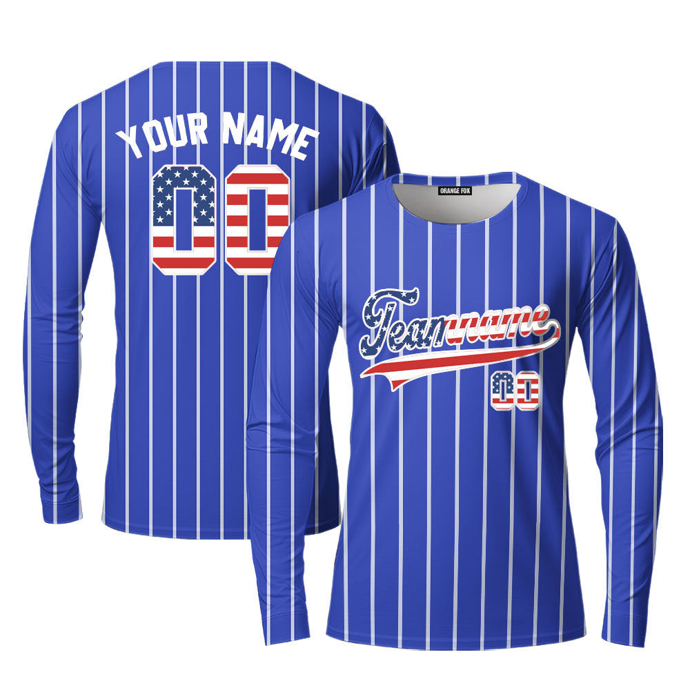 Custom Blue White Pinstripe American Flag White Custom Long Sleeve T-Shirt For Men & Women