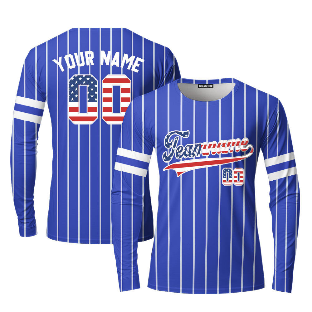 Custom Blue White Pinstripe American Flag White Custom Long Sleeve T-Shirt For Men & Women