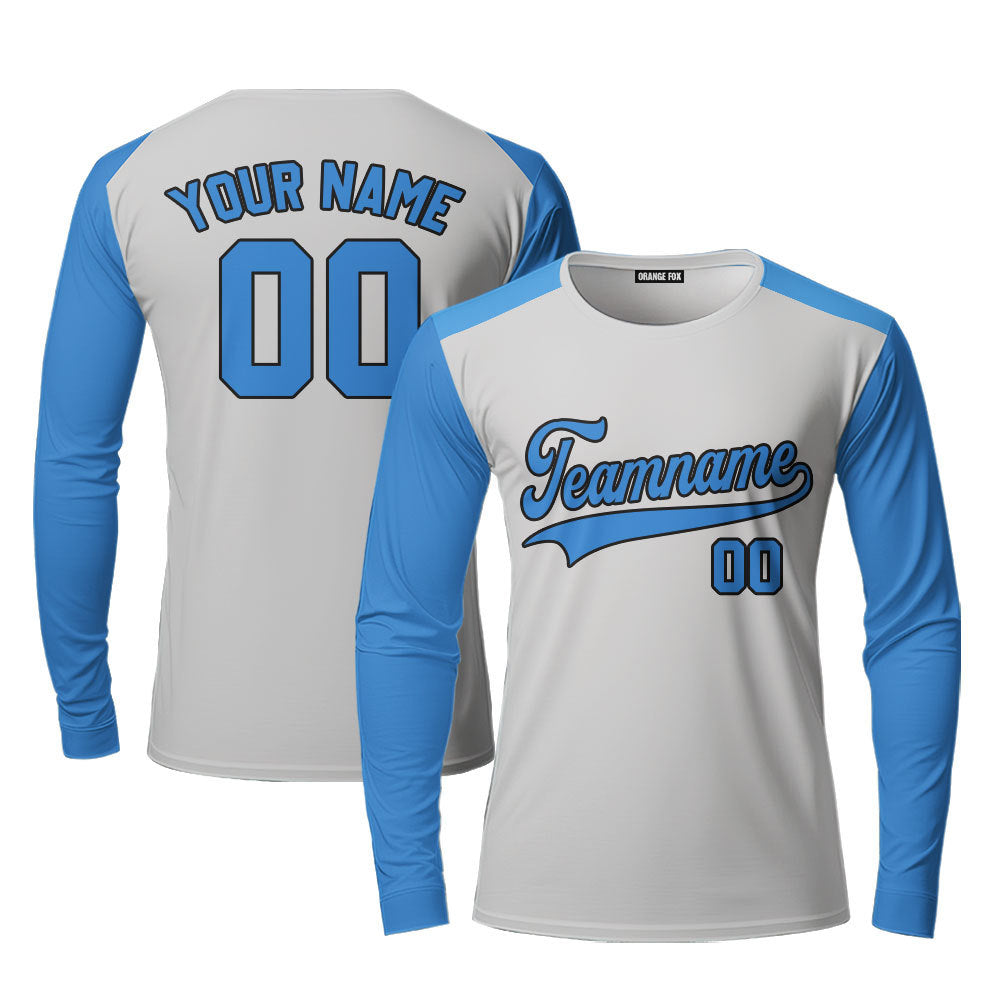 Custom Light Grey Blue Raglan Black Custom Long Sleeve T-Shirt For Men & Women