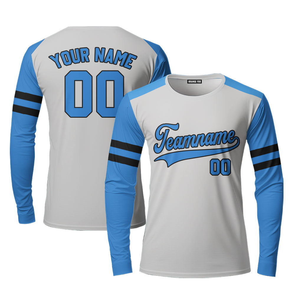 Custom Light Grey Blue Raglan Black Custom Long Sleeve T-Shirt For Men & Women