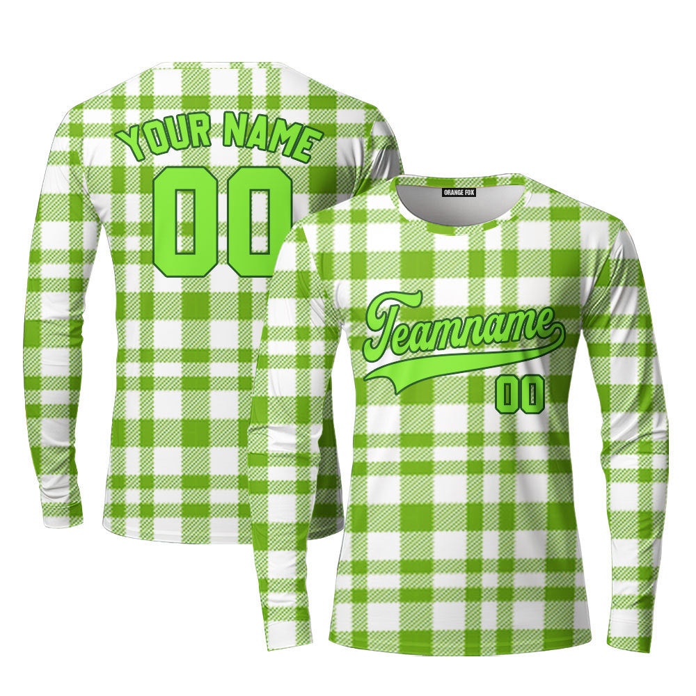 Custom Green Tartan Pattern Neon Green Custom Long Sleeve T-Shirt For Men & Women