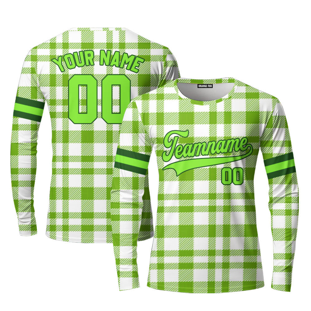 Custom Green Tartan Pattern Neon Green Custom Long Sleeve T-Shirt For Men & Women