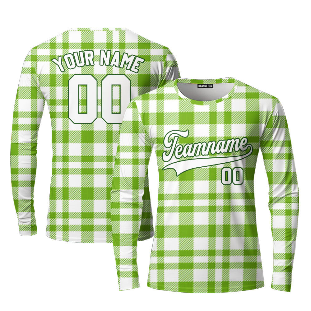 Custom Green Tartan Pattern White Green Custom Long Sleeve T-Shirt For Men & Women