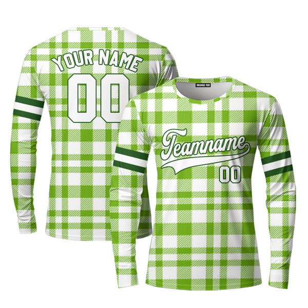 Custom Green Tartan Pattern White Green Custom Long Sleeve T-Shirt For Men & Women