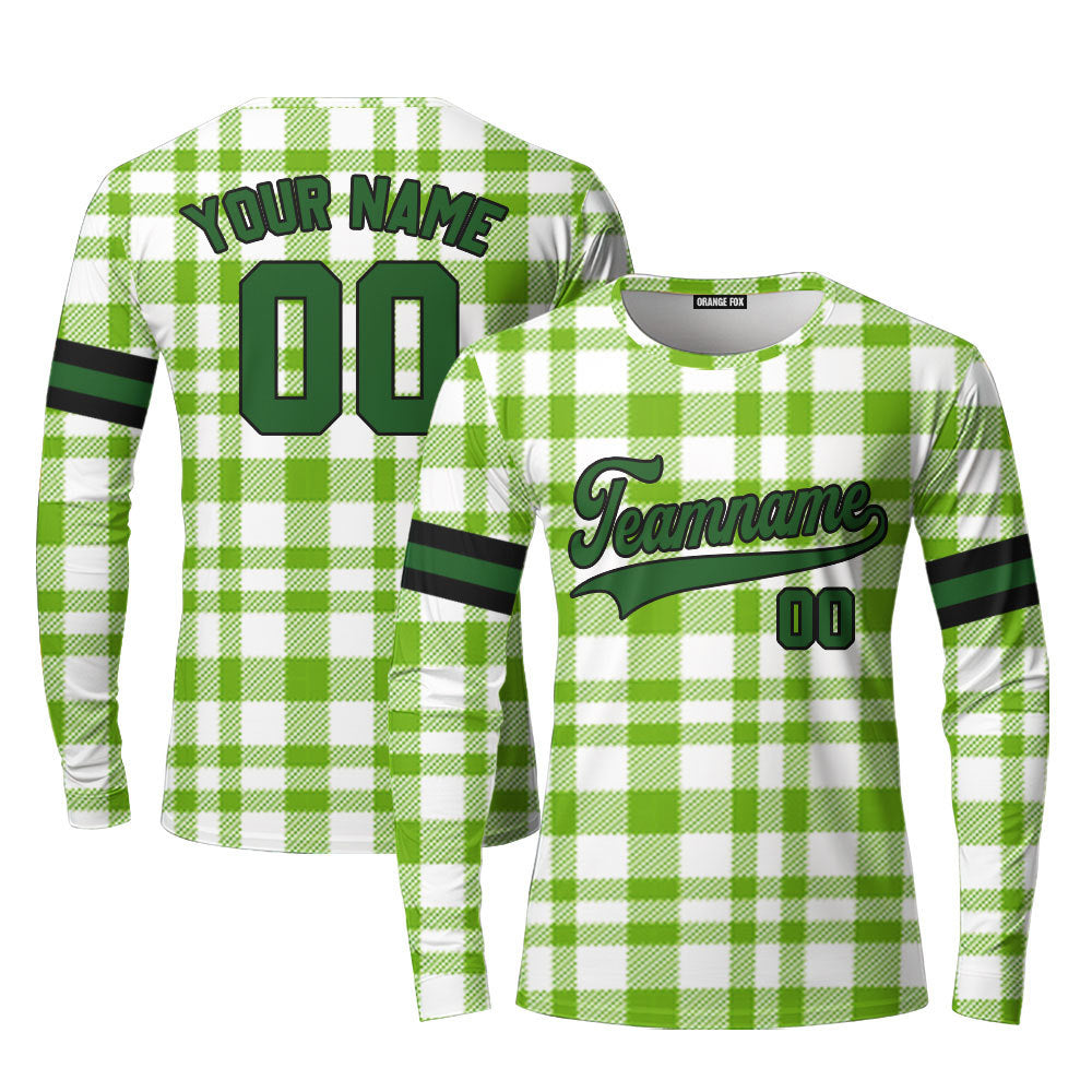 Custom Green Tartan Pattern Green Black Custom Long Sleeve T-Shirt For Men & Women