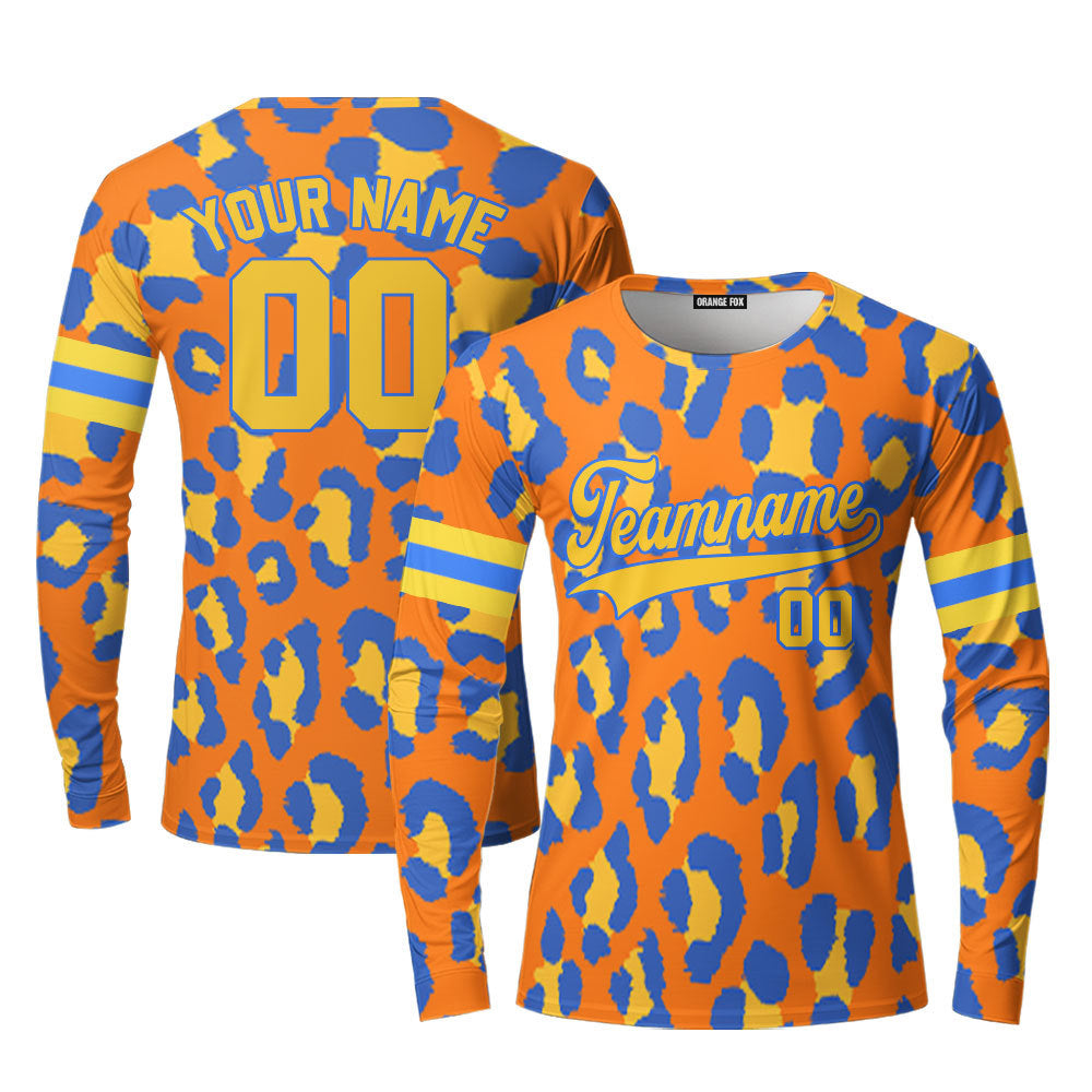 Orange Leopard Pattern Blue White Custom Long Sleeve T-Shirt For Men & Women