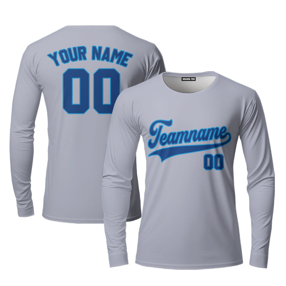 Custom Gray Dark Blue Powder Blue Custom Long Sleeve T-Shirt For Men & Women