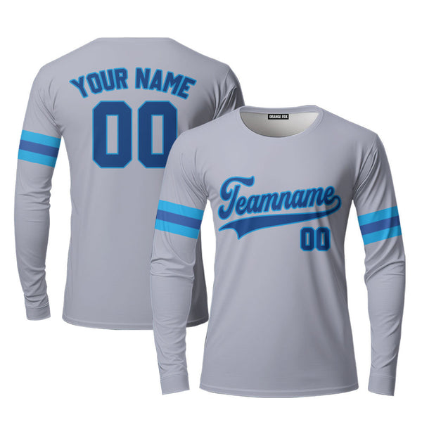 Custom Gray Dark Blue Powder Blue Custom Long Sleeve T-Shirt For Men & Women