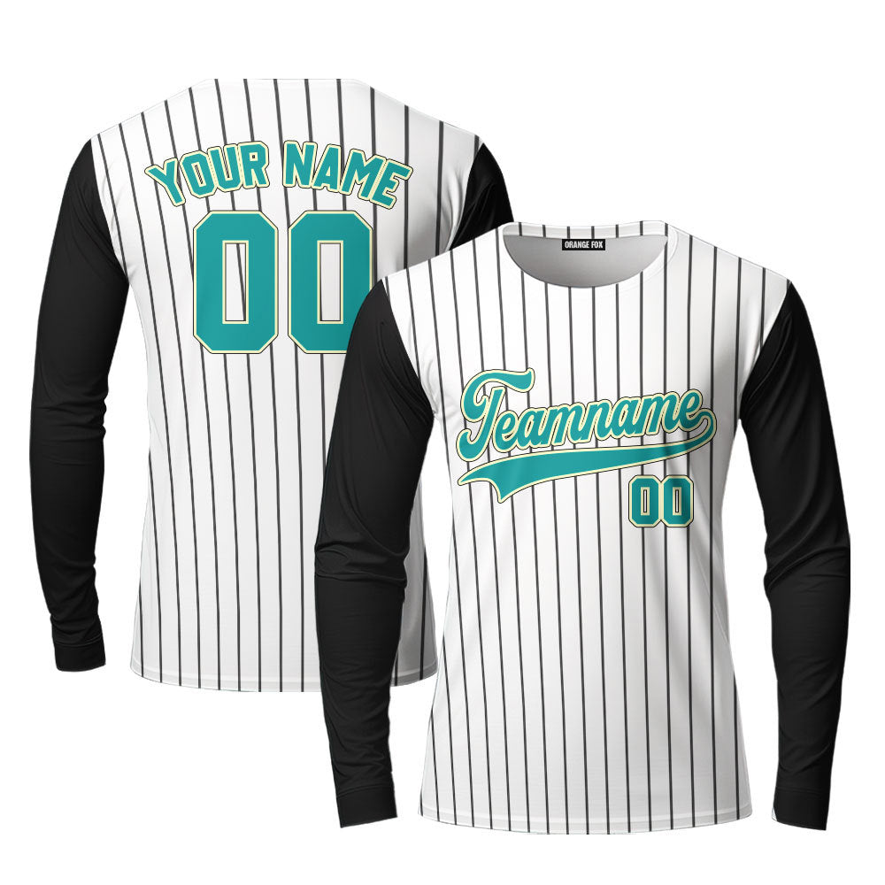 Custom Black White Pinstripe Teal Black Raglan Sleeves Custom Long Sleeve T-Shirt For Men & Women