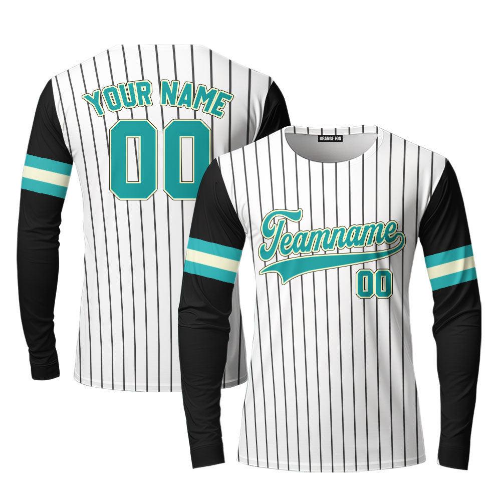 Custom Black White Pinstripe Teal Black Raglan Sleeves Custom Long Sleeve T-Shirt For Men & Women