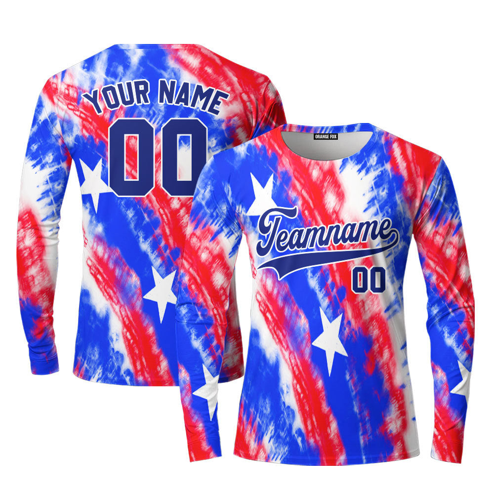 Custom USA Flag Tie Dye Blue White Custom Long Sleeve T-Shirt For Men & Women