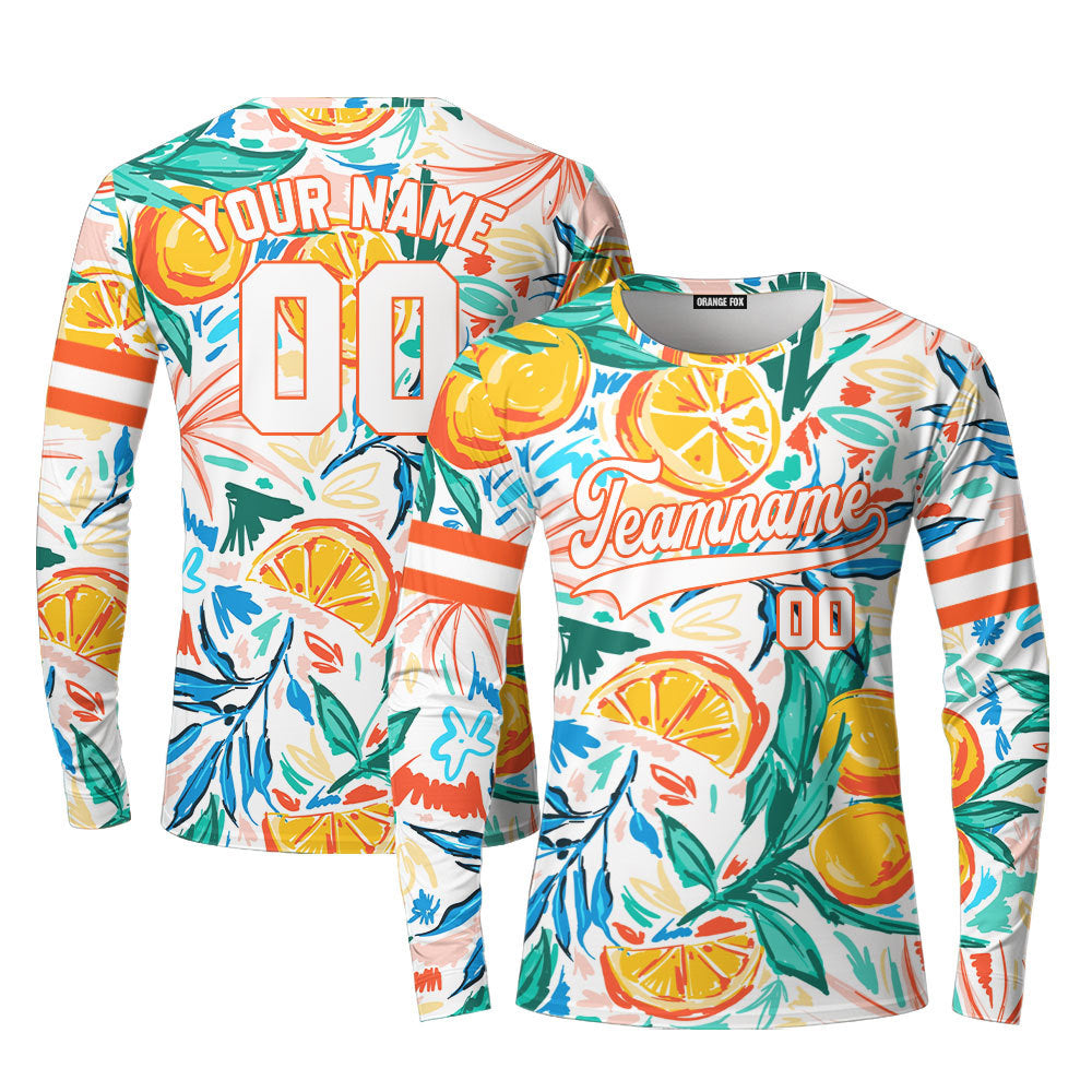 Custom Orange Tropical Pattern White Orange Custom Long Sleeve T-Shirt For Men & Women