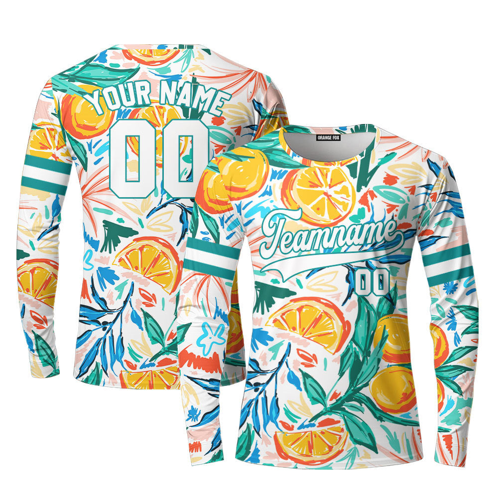 Custom Orange Tropical Pattern White Teal Custom Long Sleeve T-Shirt For Men & Women