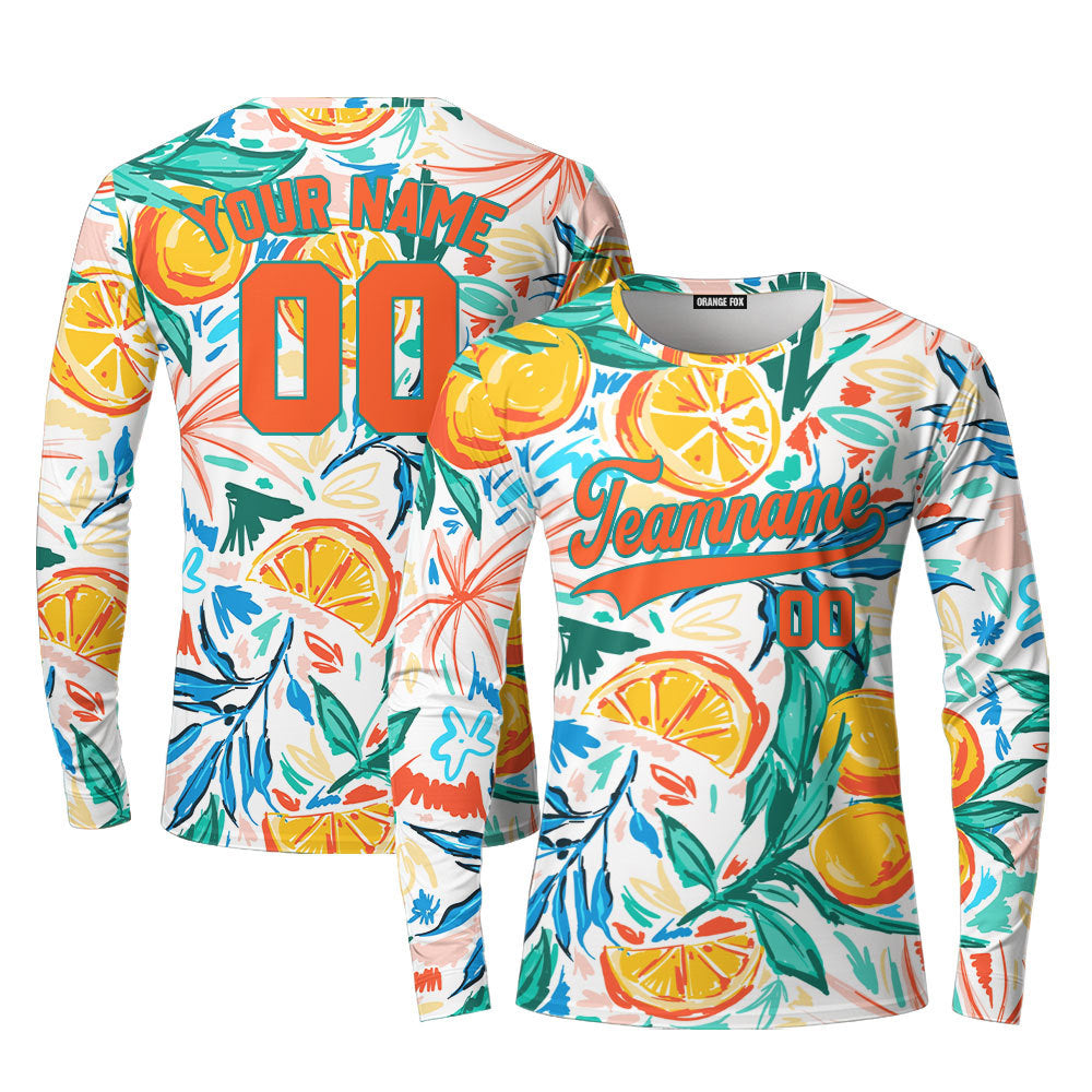 Custom Orange Tropical Pattern Orange Teal Custom Long Sleeve T-Shirt For Men & Women