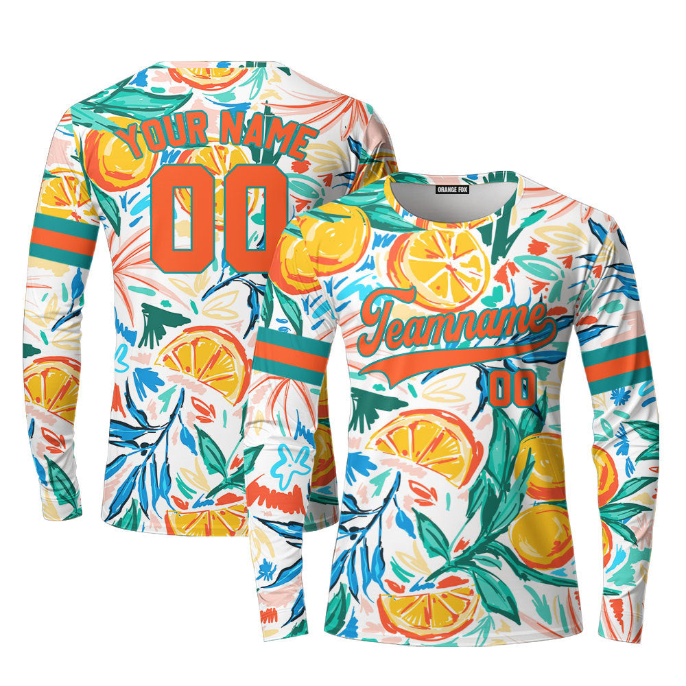 Custom Orange Tropical Pattern Orange Teal Custom Long Sleeve T-Shirt For Men & Women