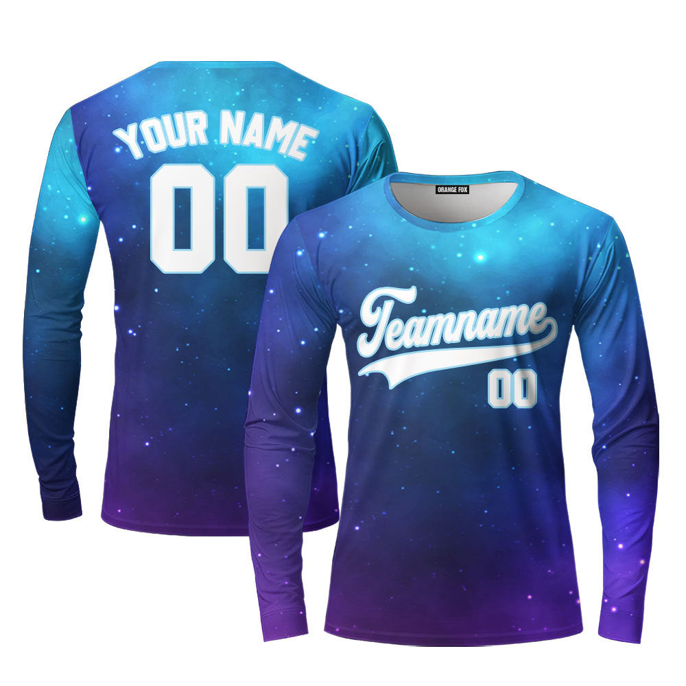 Custom Fantasy Galaxy Pattern White Light Blue Custom Long Sleeve T-Shirt For Men & Women