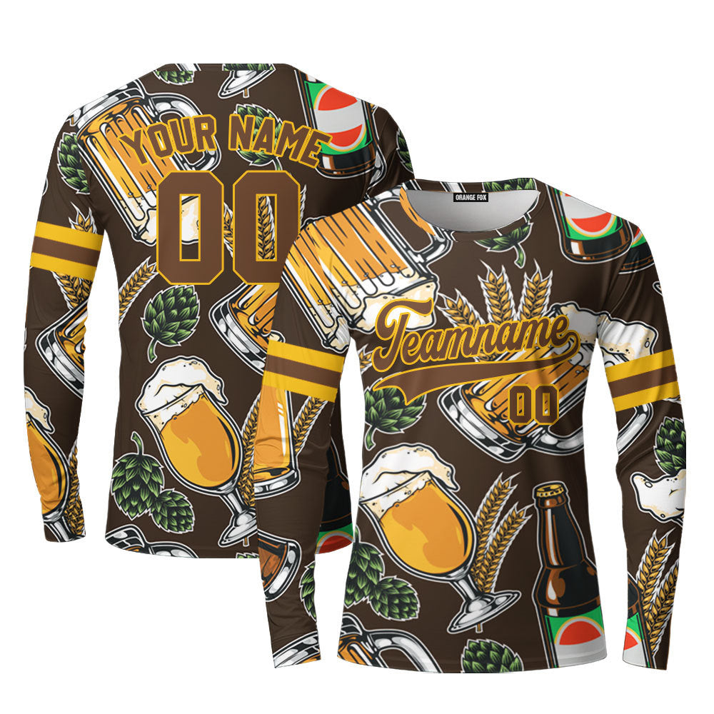 Custom Vintage Beer Pattern And Brown Yellow Custom Long Sleeve T-Shirt For Men & Women