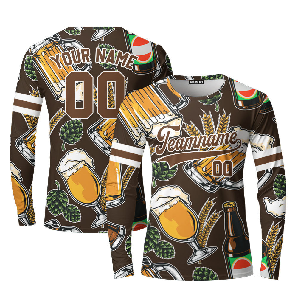 Custom Vintage Beer Pattern And Brown White Custom Long Sleeve T-Shirt For Men & Women