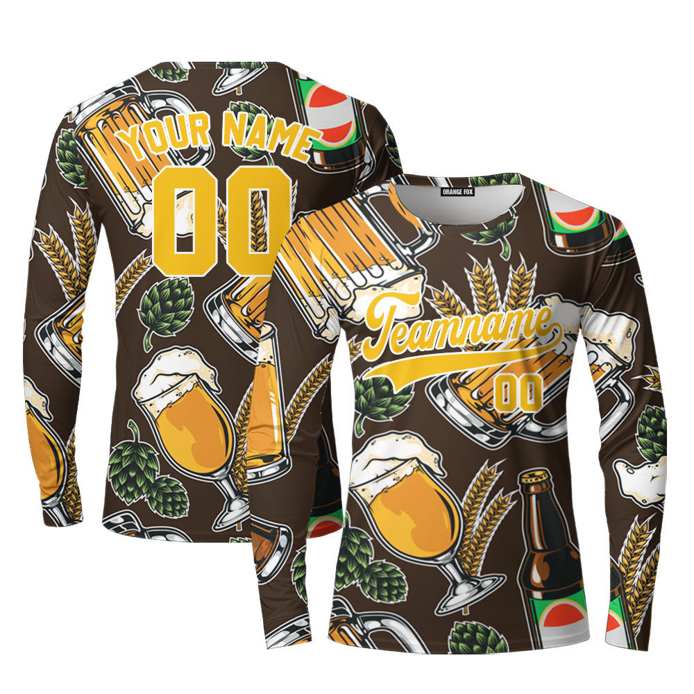 Custom Vintage Beer Pattern And Yellow White Custom Long Sleeve T-Shirt For Men & Women