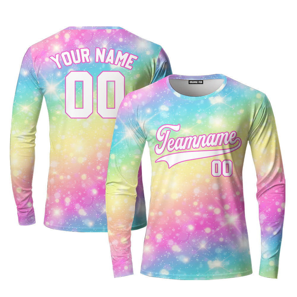 Custom Fantasy Rainbow Pattern White Pink Custom Long Sleeve T-Shirt For Men & Women