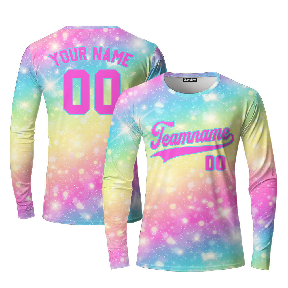 Custom Fantasy Rainbow Pattern Pink Light Blue Custom Long Sleeve T-Shirt For Men & Women