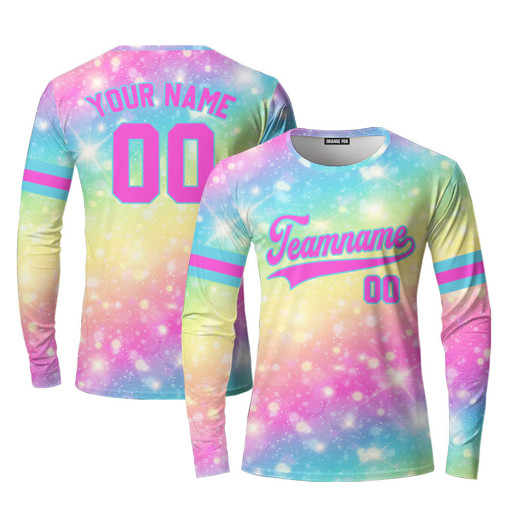 Custom Fantasy Rainbow Pattern Pink Light Blue Custom Long Sleeve T-Shirt For Men & Women