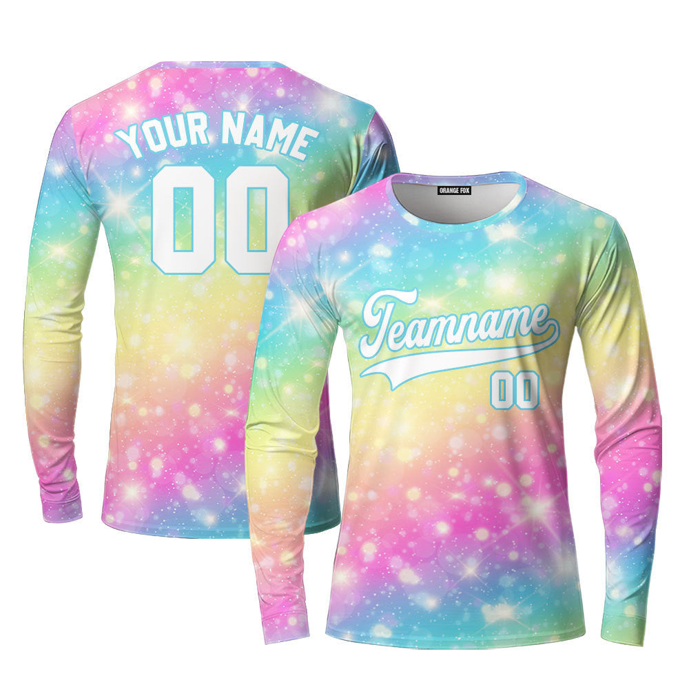 Custom Fantasy Rainbow Pattern White Light Blue Custom Long Sleeve T-Shirt For Men & Women