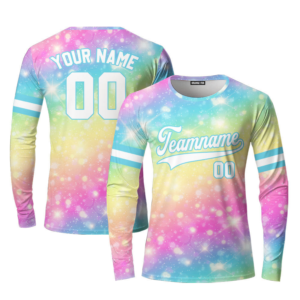 Custom Fantasy Rainbow Pattern White Light Blue Custom Long Sleeve T-Shirt For Men & Women