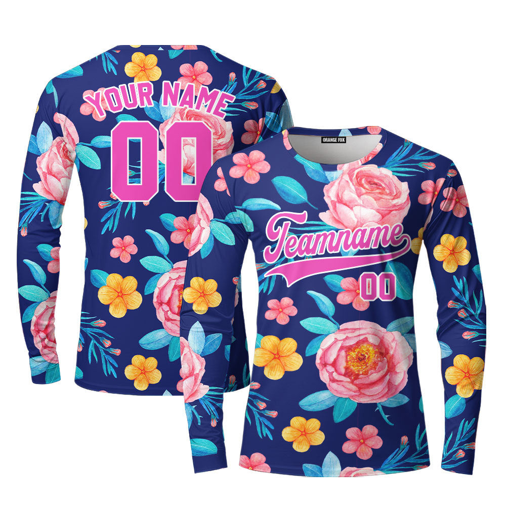 Custom Pinky Coral Floral Pattern Pink White Custom Long Sleeve T-Shirt For Men & Women