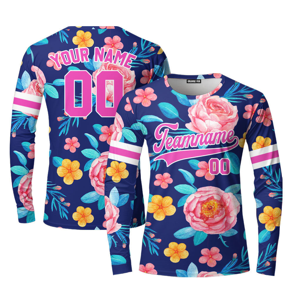 Custom Pinky Coral Floral Pattern Pink White Custom Long Sleeve T-Shirt For Men & Women