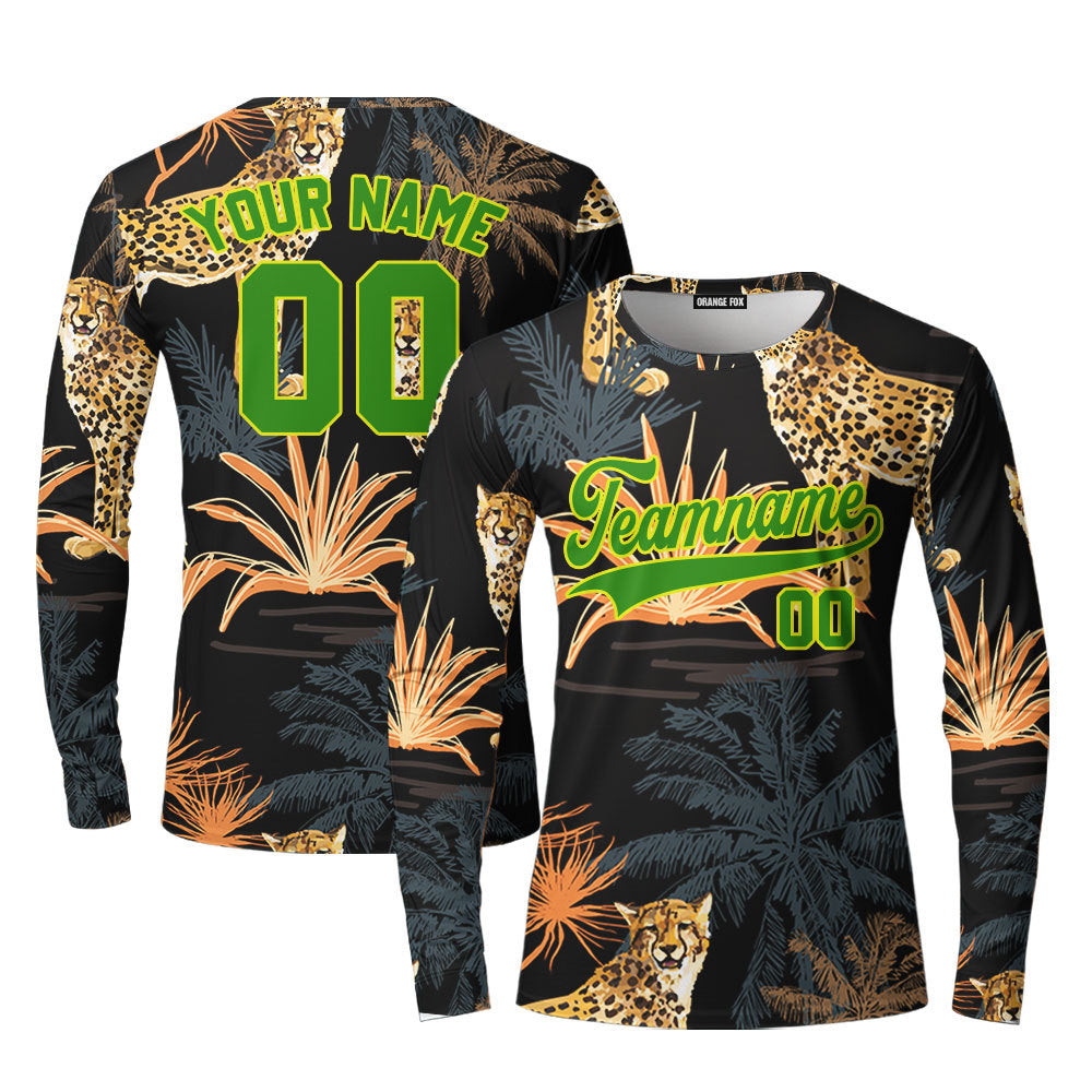 Custom Leopard Tropical Pattern Gold Green Custom Long Sleeve T-Shirt For Men & Women