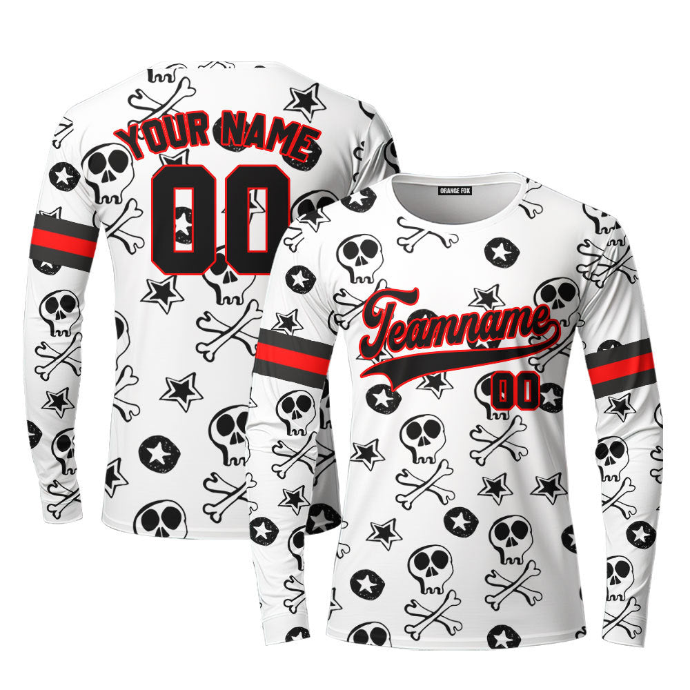 Custom Skulls Pattern Black Red  Custom Long Sleeve T-Shirt For Men & Women