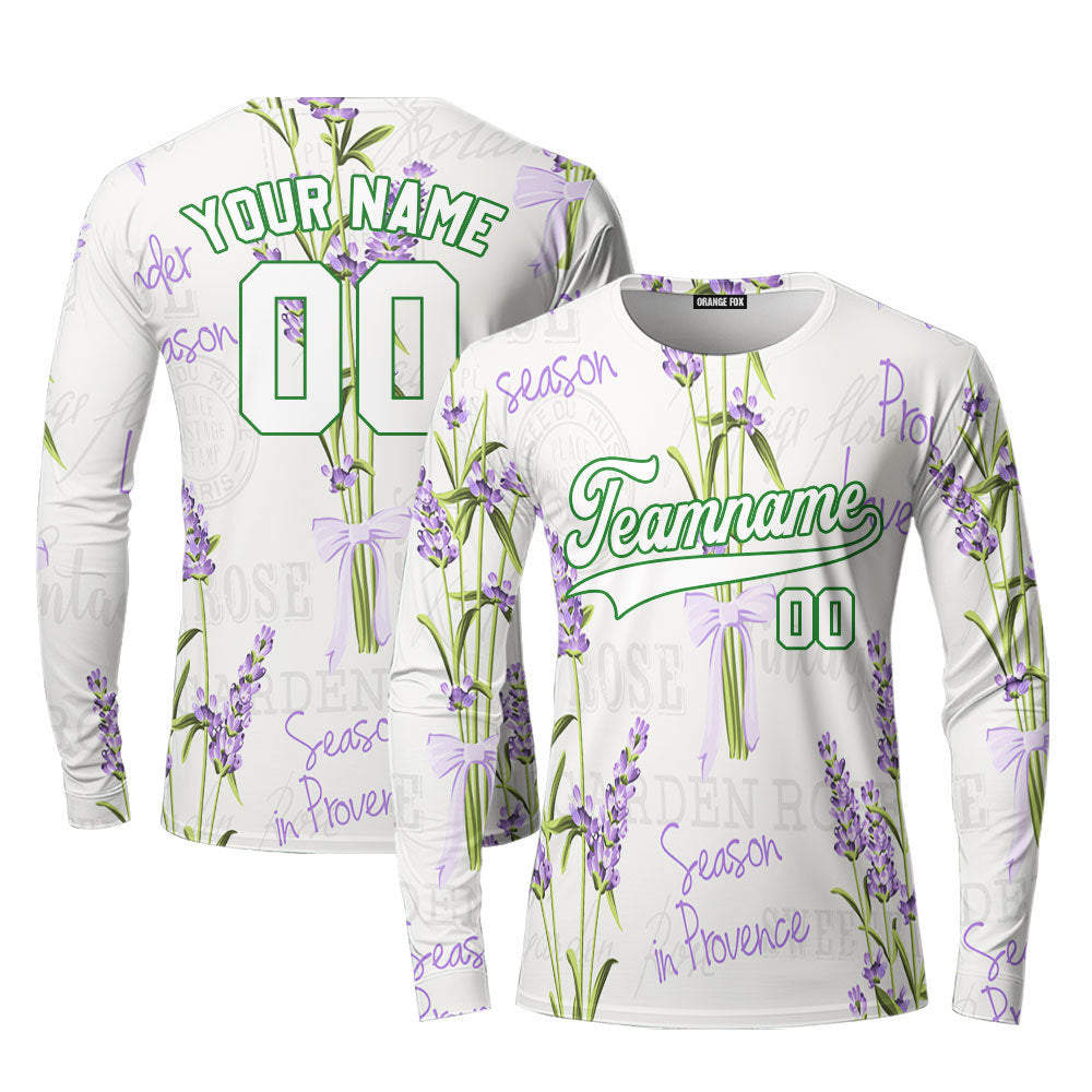 Custom Vintage Lavender Pattern White Purple Custom Long Sleeve T-Shirt For Men & Women