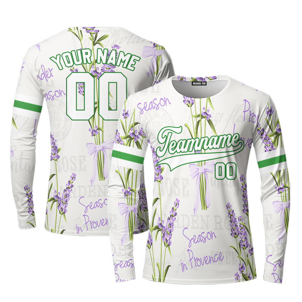 Custom Vintage Lavender Pattern White Purple Custom Long Sleeve T-Shirt For Men & Women