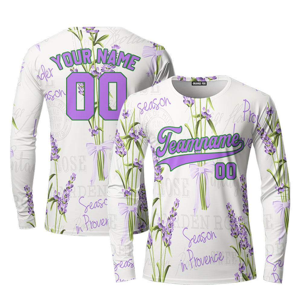 Custom Vintage Lavender Pattern Purple Green Custom Long Sleeve T-Shirt For Men & Women