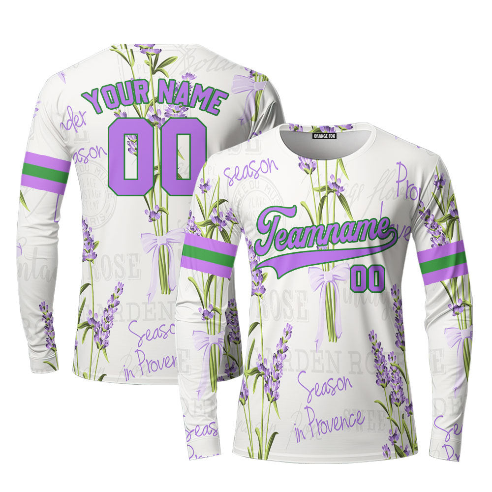 Custom Vintage Lavender Pattern Purple Green Custom Long Sleeve T-Shirt For Men & Women