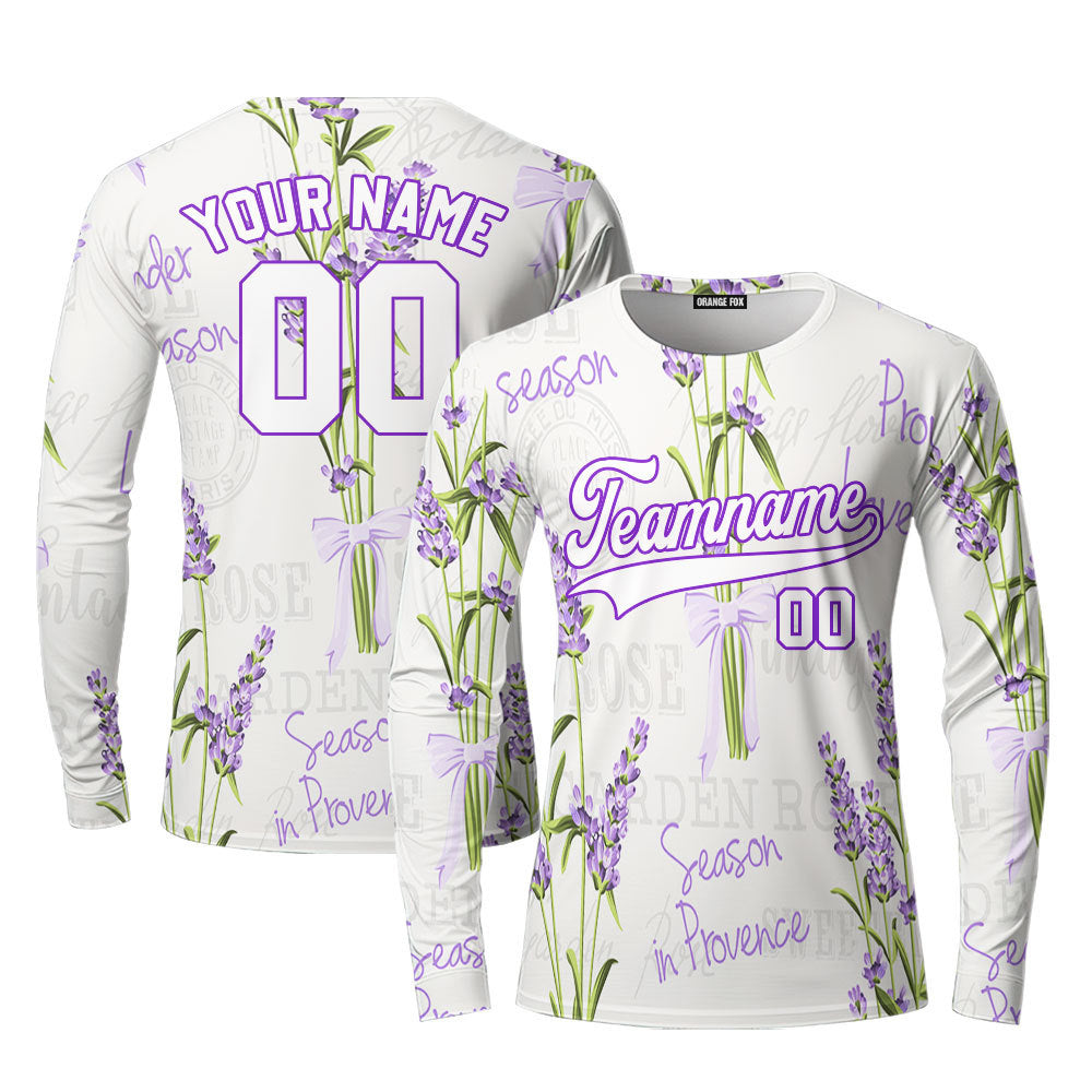 Custom Vintage Lavender Pattern White Green Custom Long Sleeve T-Shirt For Men & Women