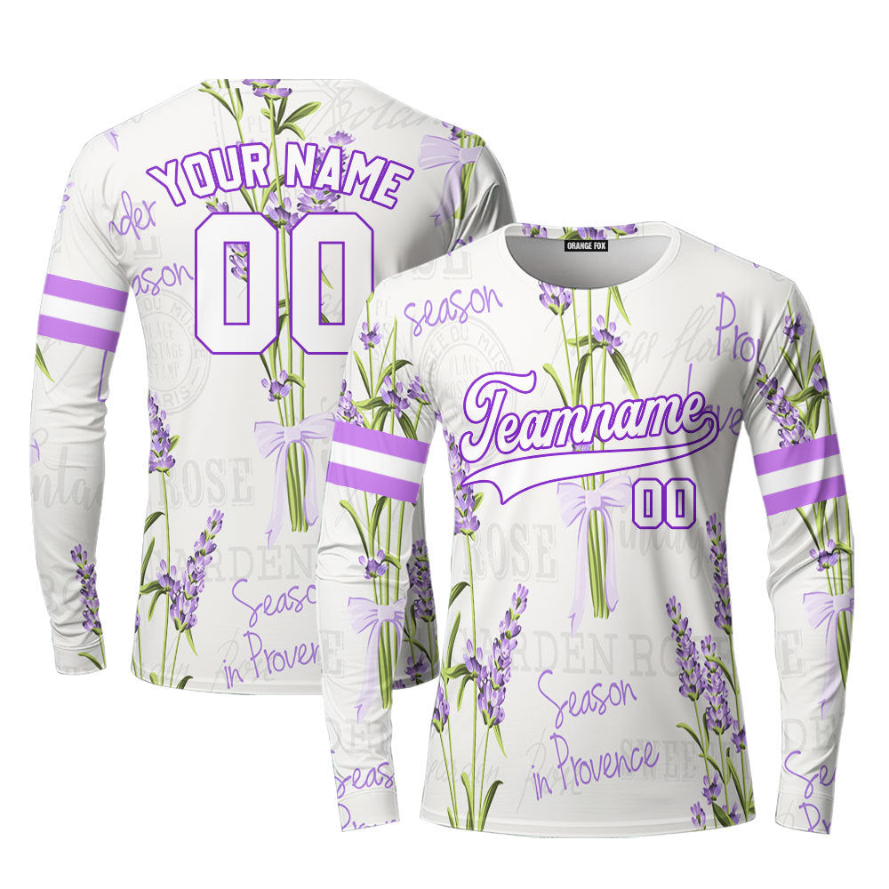 Custom Vintage Lavender Pattern White Green Custom Long Sleeve T-Shirt For Men & Women