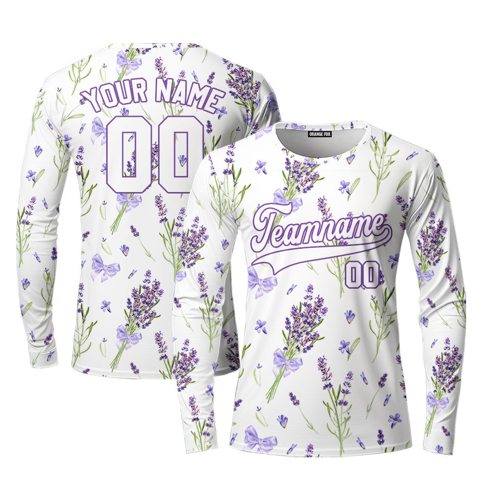 Custom Violet Lavender Pattern White Purple Custom Long Sleeve T-Shirt For Men & Women