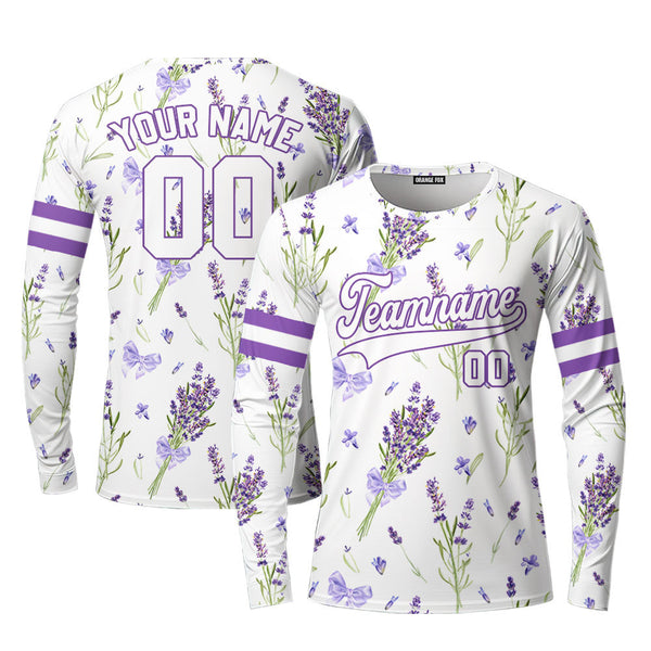 Custom Violet Lavender Pattern White Purple Custom Long Sleeve T-Shirt For Men & Women