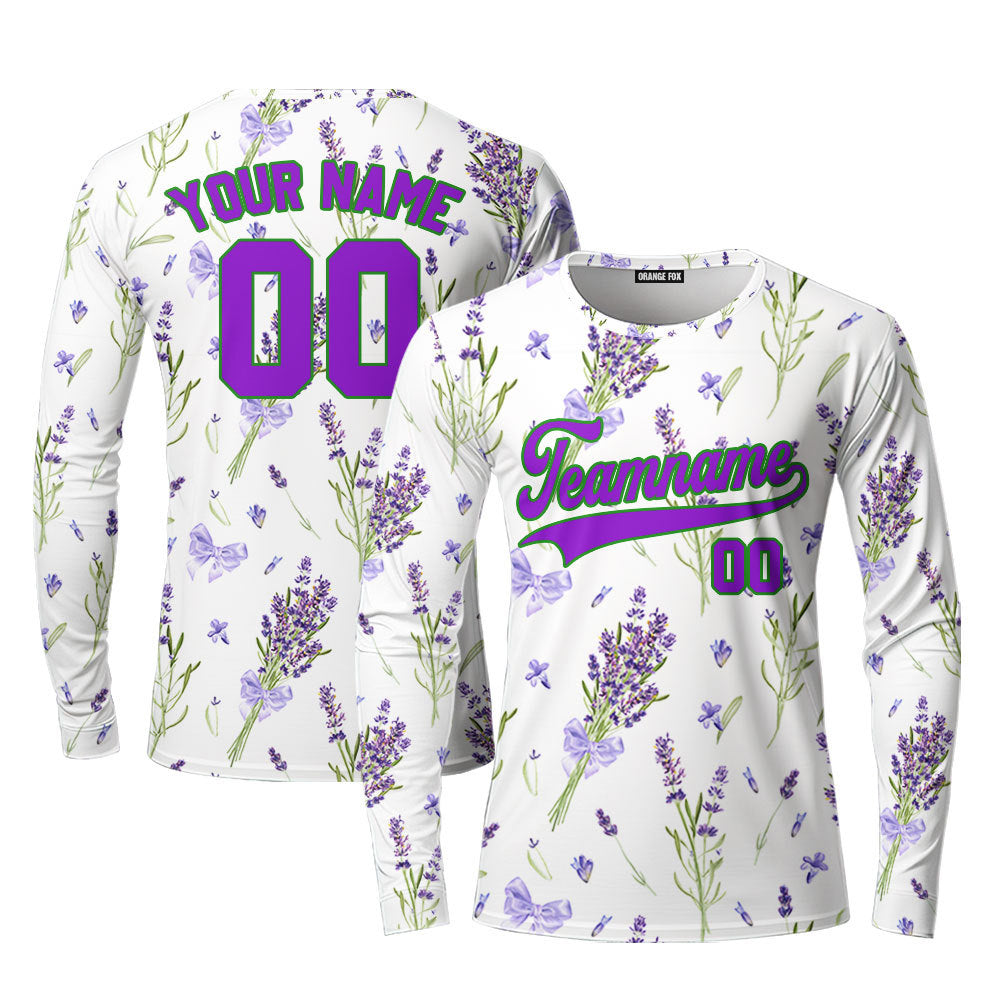 Custom Violet Lavender Pattern White Green Custom Long Sleeve T-Shirt For Men & Women