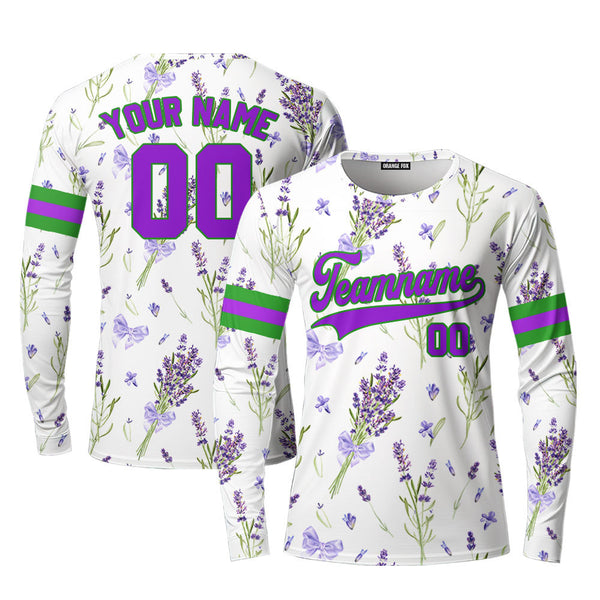 Custom Violet Lavender Pattern White Green Custom Long Sleeve T-Shirt For Men & Women