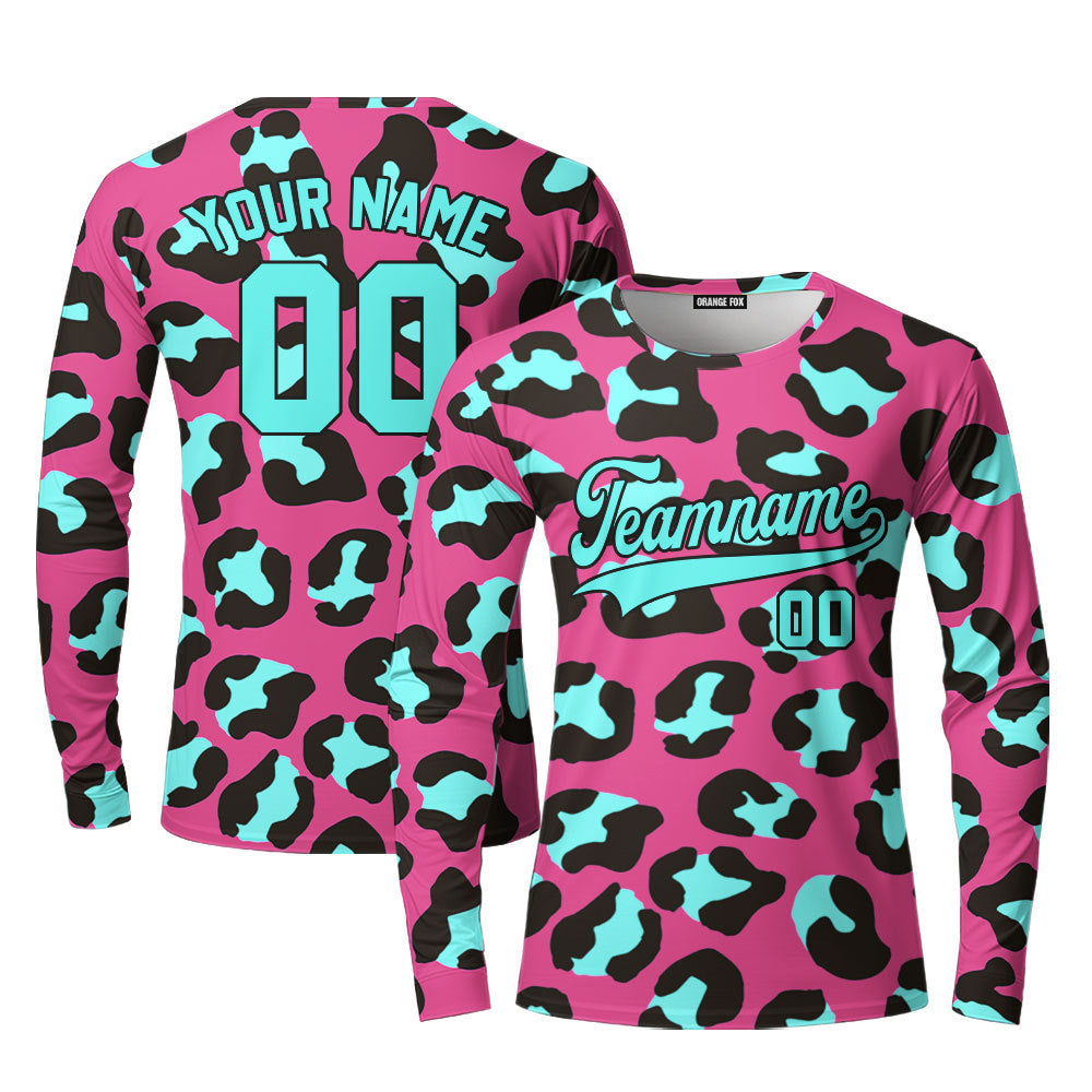 Custom Leopard On Pink Pattern Light Blue Black Custom Long Sleeve T-Shirt For Men & Women