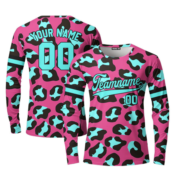 Custom Leopard On Pink Pattern Light Blue Black Custom Long Sleeve T-Shirt For Men & Women