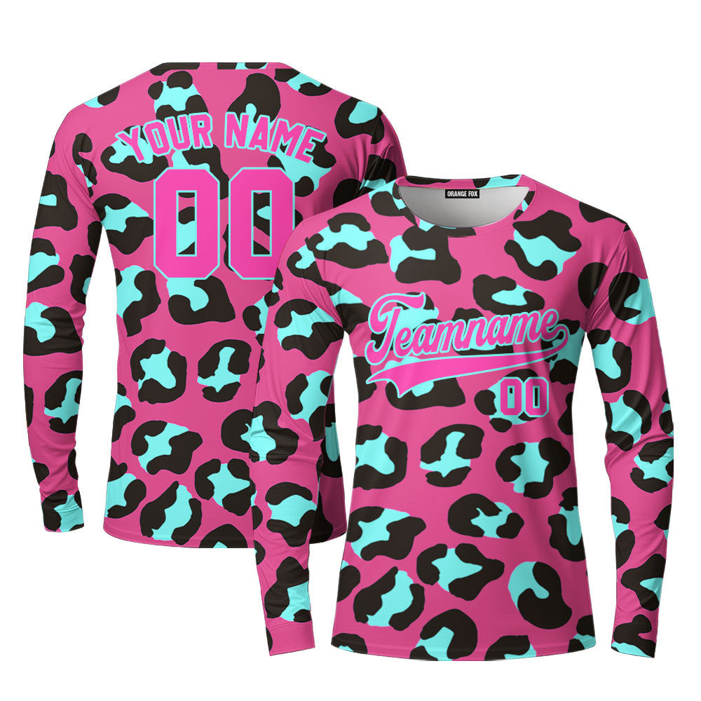 Custom Leopard On Pink Pattern Pink Light Blue Custom Long Sleeve T-Shirt For Men & Women