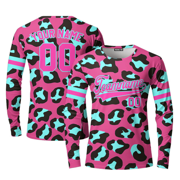 Custom Leopard On Pink Pattern Pink Light Blue Custom Long Sleeve T-Shirt For Men & Women