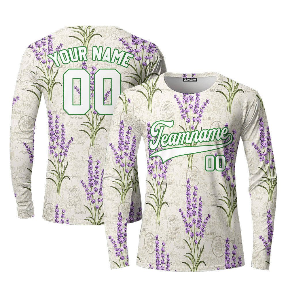 Custom Vintage Lavender Pattern White Green Custom Long Sleeve T-Shirt For Men & Women